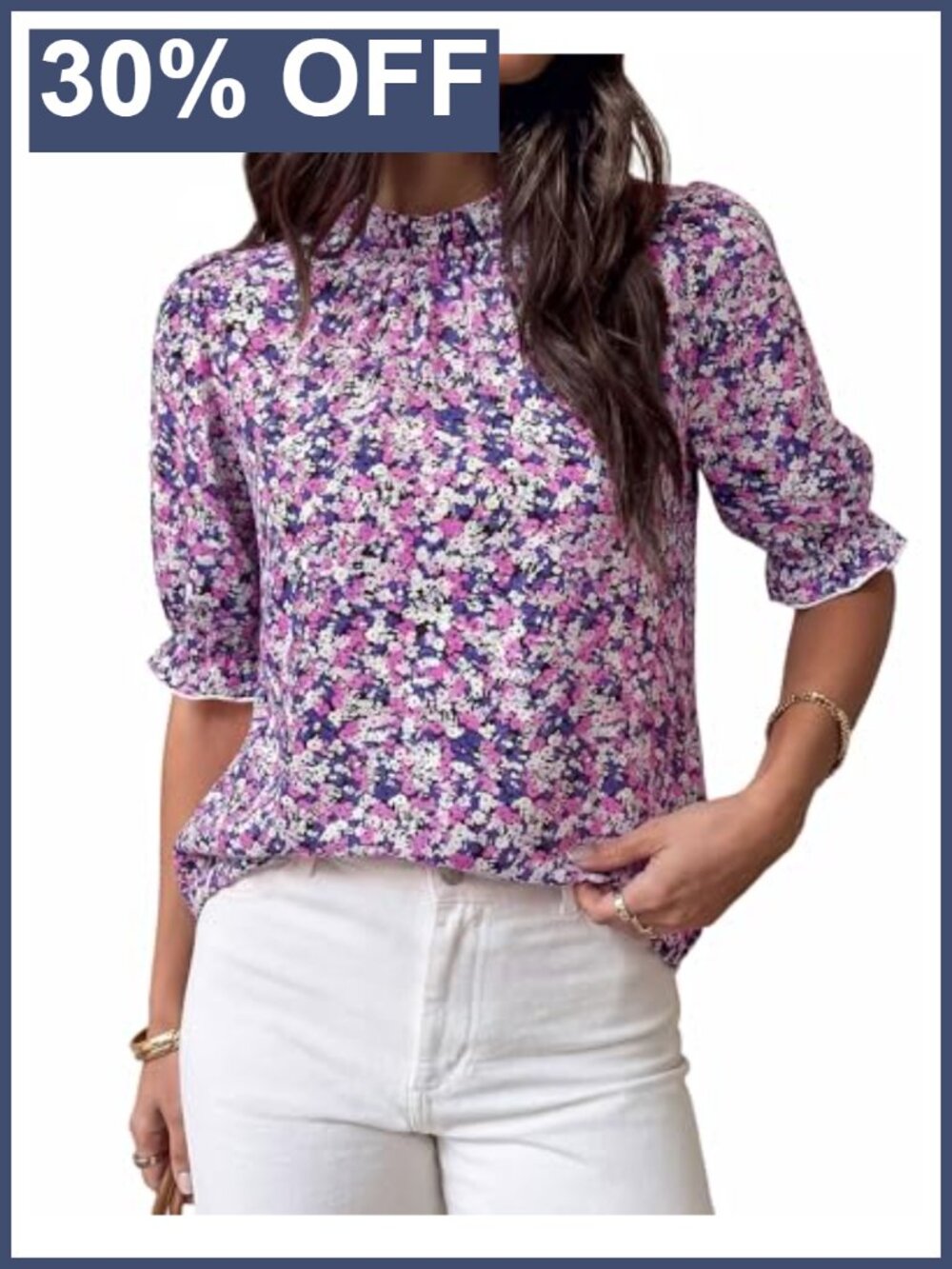 BTFBM Women's Floral Blouse Mock Neck Puff Sleeve Button Back Top